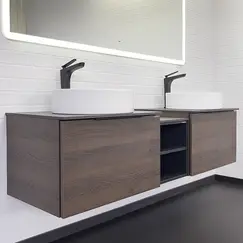 Набор мебели Comforty Портленд-150 дуб шоколадно-коричневый со столешницей под мрамор Калакатта Блэк c раковинами Comforty 9110