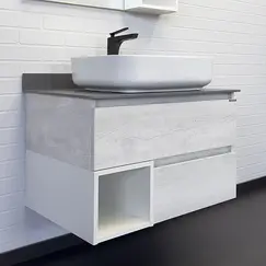 COMFORTY. Тумба-умывальник "Прага-75" дуб белый с серой столешницей, с раковиной COMFORTY