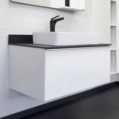COMFORTY. Тумба-умывальник "Милан-90" белый глянец со столешницей под мрамор Калакатта Блэк с раковиной COMFORTY 78189