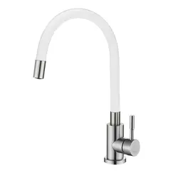 Смеситель д/кухни MELANA ELASTICO-610401W нерж.сталь, однорычажный,гибкий излив,сатин+белый