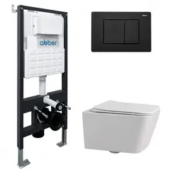 Комплект подвесной унитаз ABBER Rechteck AC1201 белый с инсталляцией AC0105 и кнопкой черный матовый