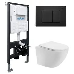 Комплект подвесной унитаз ABBER Bequem AC1100T белый с инсталляцией AC0105 и кнопкой черный матовый