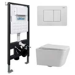 Комплект подвесной унитаз ABBER Rechteck AC1201 белый с инсталляцией AC0105 и кнопкой белая матовая