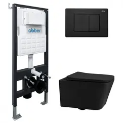 Комплект подвесной унитаз ABBER Rechteck AC1201MB черный матовый с инсталляцией AC0105 и кнопкой черный матовый