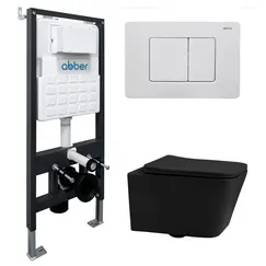 Комплект подвесной унитаз ABBER Rechteck AC1201MB черный матовый с инсталляцией AC0105 и кнопкой белая матовая