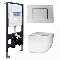 Комплект подвесной унитаз ABBER Bequem AC1132TC белый, с закрытым дном с инсталляцией AC0105 и кнопкой AC0120 хром глянцевый