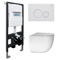 Комплект подвесной унитаз ABBER Bequem AC1132TC белый, с закрытым дном с инсталляцией AC0105 и кнопкой AC0121MW белая матовая