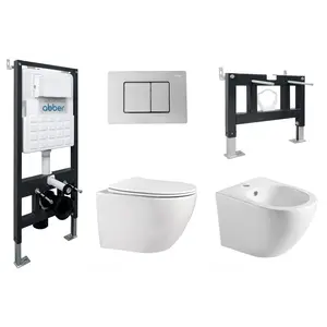 Комплект ABBER унитаз AC1100 белый с инсталляцией AC0105 и кнопкой  хром, биде AC1150 с инсталляцией AC0101P