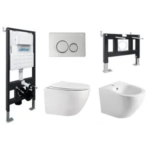 Комплект ABBER унитаз AC1100 белый с инсталляцией AC0105 и кнопкой  хром, биде AC1150 с инсталляцией AC0101P