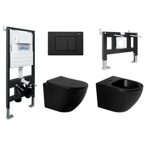 Комплект ABBER унитаз AC1100MB черный матовый с инсталляцией AC0105 и кнопкой , биде AC1150MB с инсталляцией AC0101P