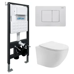 Комплект подвесной унитаз ABBER Bequem AC1100T белый с инсталляцией AC0105 и кнопкой белая матовая
