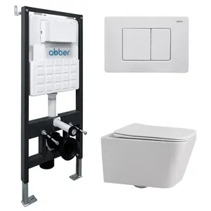 Комплект подвесной унитаз ABBER Rechteck AC1201 белый с инсталляцией AC0105 и кнопкой белая матовая