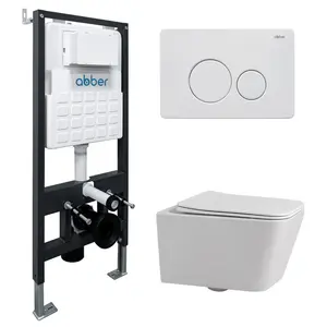 Комплект подвесной унитаз ABBER Rechteck AC1201 белый с инсталляцией AC0105 и кнопкой белая матовая