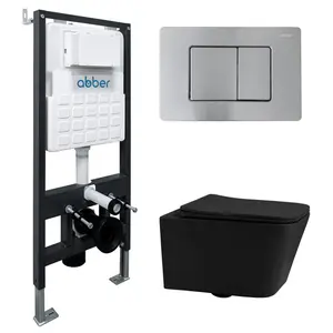 Комплект подвесной унитаз ABBER Rechteck AC1201MB черный матовый с инсталляцией AC0105 и кнопкой матовый хром