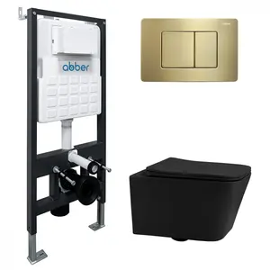 Комплект подвесной унитаз ABBER Rechteck AC1201MB черный матовый с инсталляцией AC0105 и кнопкой  золото матовое