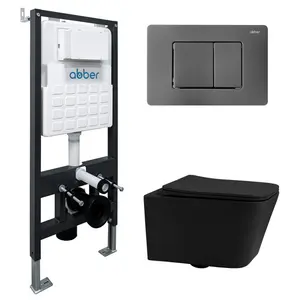 Комплект подвесной унитаз ABBER Rechteck AC1201MB черный матовый с инсталляцией AC0105 и кнопкой никель
