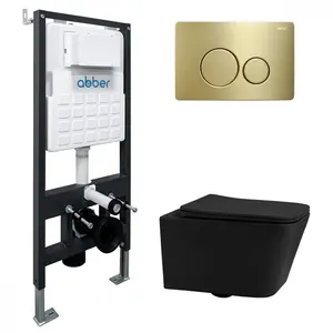 Комплект подвесной унитаз ABBER Rechteck AC1201MB черный матовый с инсталляцией AC0105 и кнопкой  золото матовое