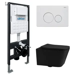 Комплект подвесной унитаз ABBER Rechteck AC1201MB черный матовый с инсталляцией AC0105 и кнопкой белая матовая