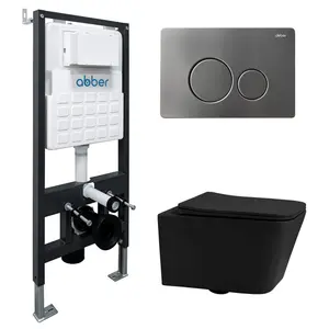 Комплект подвесной унитаз ABBER Rechteck AC1201MB черный матовый с инсталляцией AC0105 и кнопкой никель