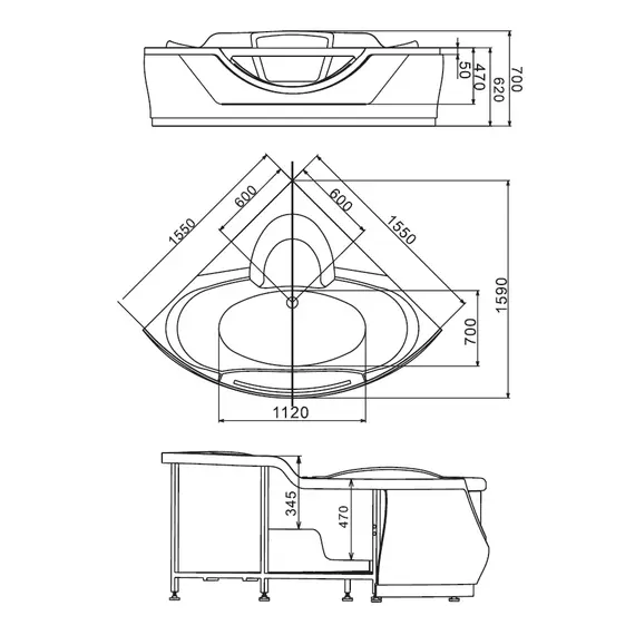 Акриловая гидромассажная ванна  Gemy G9025  155*155