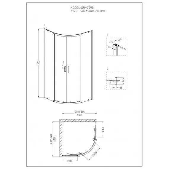 Душ.ограждение GR-0090 Classic 90*90*190 полукруг, двери раздвижные
