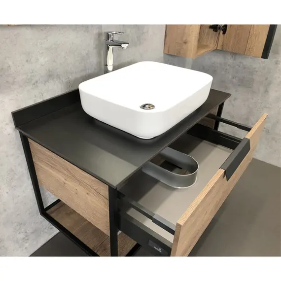 COMFORTY. Тумба-умывальник "Кёльн-75/90" дуб темный с черной столешницей, с раковиной