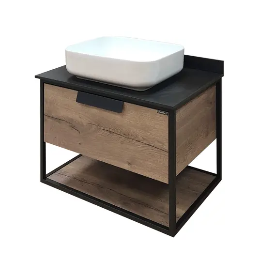 COMFORTY. Тумба-умывальник "Кёльн-75/90" дуб темный с черной столешницей, с раковиной