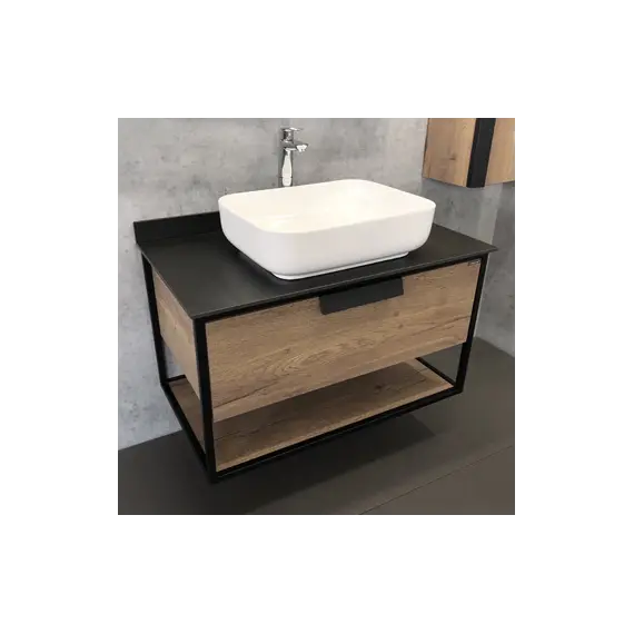 COMFORTY. Тумба-умывальник "Кёльн-75/90" дуб темный с черной столешницей, с раковиной