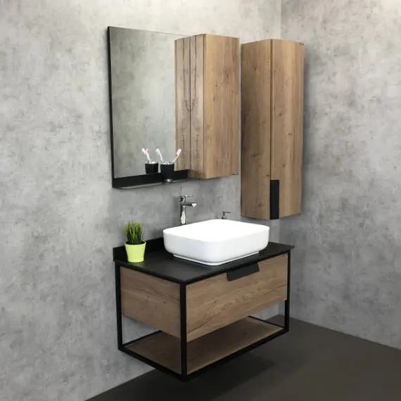 COMFORTY. Тумба-умывальник "Кёльн-75/90" дуб темный с черной столешницей, с раковиной