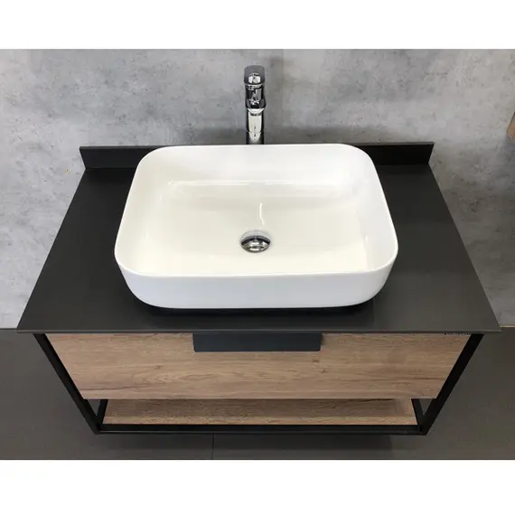 COMFORTY. Тумба-умывальник "Кёльн-75/90" дуб темный с черной столешницей, с раковиной