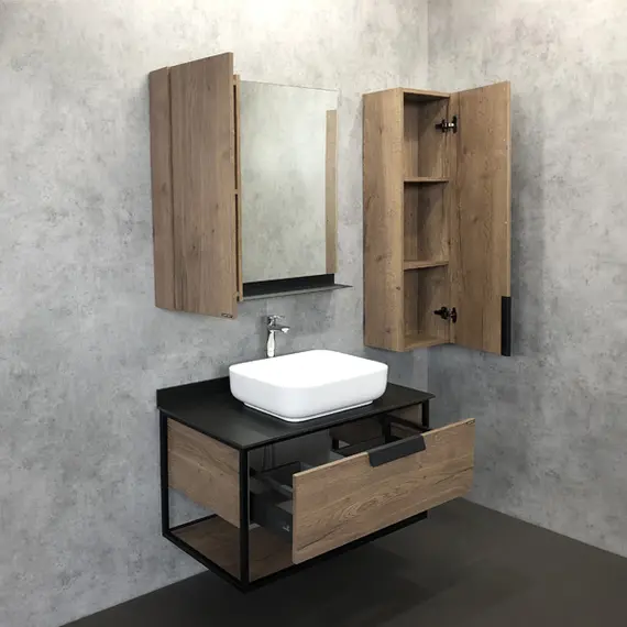 COMFORTY. Тумба-умывальник "Кёльн-75/90" дуб темный с черной столешницей, с раковиной