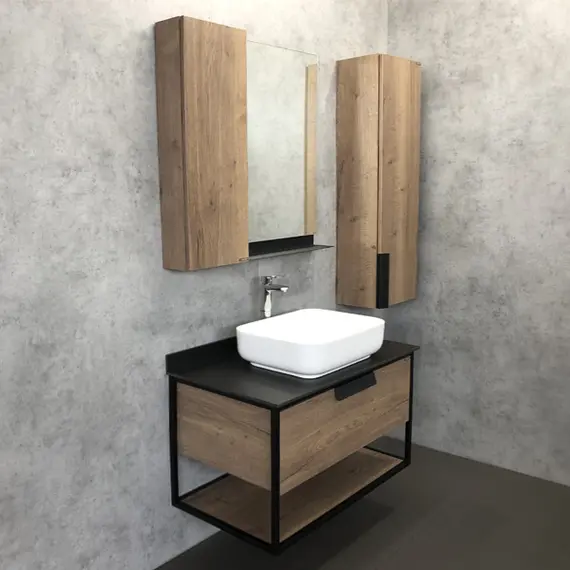 COMFORTY. Тумба-умывальник "Кёльн-75/90" дуб темный с черной столешницей, с раковиной