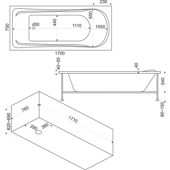 Ванна акриловая  BAS Мальта 170*75