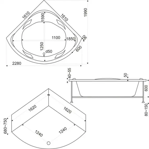 Ванна  акриловая  BAS Ривьера 161*161