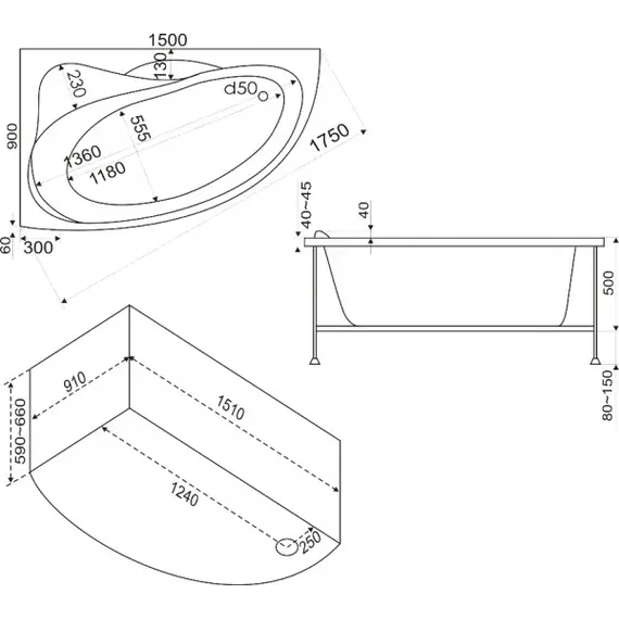 Ванна акриловая  BAS Вектра 150*90