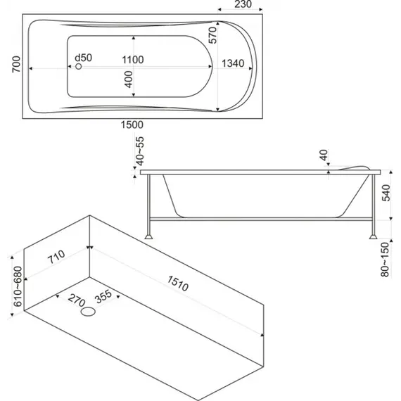 Ванна акриловая  BAS Верона 150*70