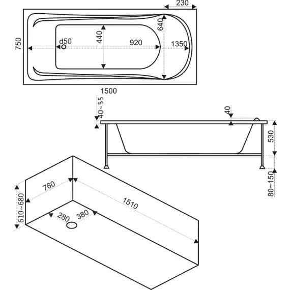 Ванна акриловая  BAS Бриз 150*75