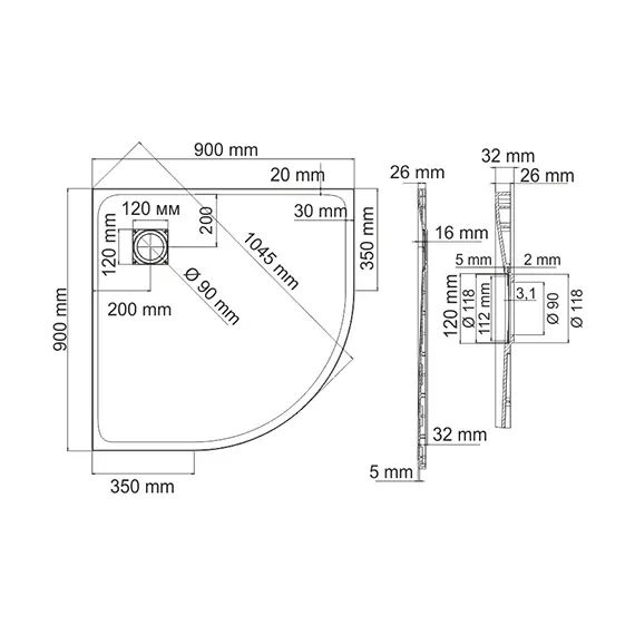 Душевой поддон полукруглый 90*90 WasserKRAFT Main 41T01