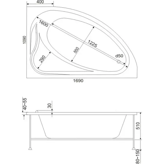 Ванна акриловая  BAS  МИЛАН 1695*1095 L/R