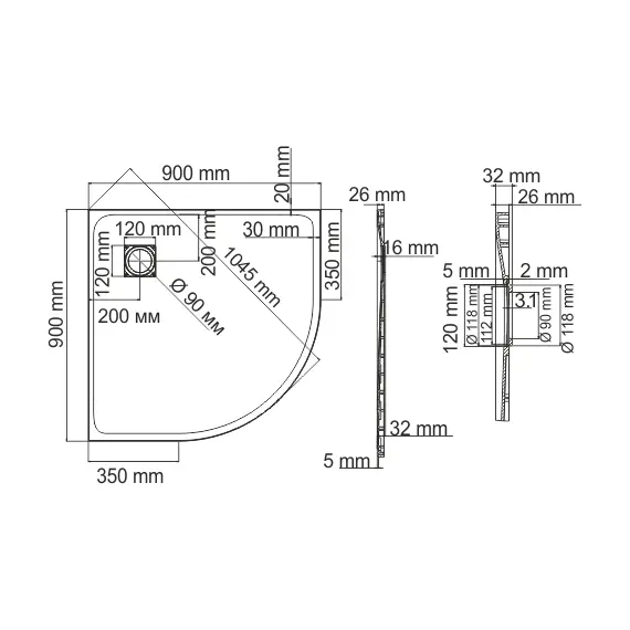 Душевой поддон четверть круга 90*90 WasserKRAFT Elbe 74T01