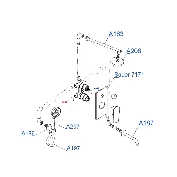 Встраиваемый комплект для ванны с верхней душевой насадкой, лейкой и изливом WasserKRAFT  A71208