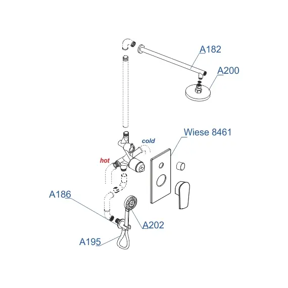 Встраиваемый комплект для ванны с верхней душевой насадкой, лейкой и изливом WasserKRAFT  A84202
