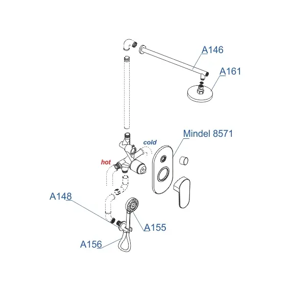 Встраиваемый комплект для ванны с верхней душевой насадкой, лейкой и изливом WasserKRAFT  A85155