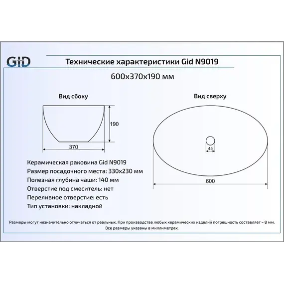 Накладная белая раковина для ванной Gid N9019