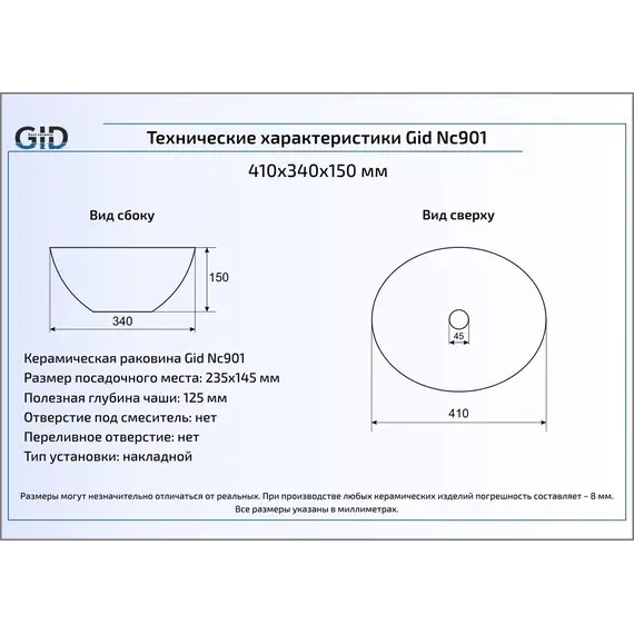 Накладная черная матовая раковина для ванной Gid Nc901