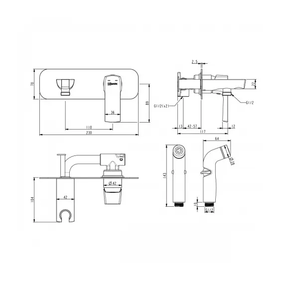 Смеситель Lemark Ursus LM7220BL с гигиеническим душем, встраиваемый