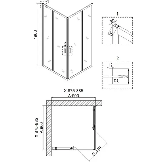 Душ. ограждение NG-6608-08/6609-08 квадрат, двери раздвижные, без поддона
