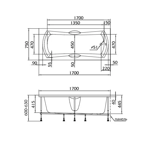 Ванна акриловая  1Marka AGORA 170x75