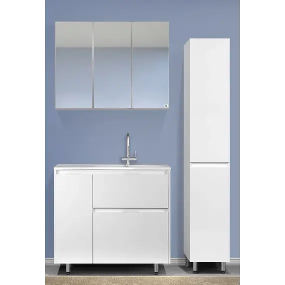 Тумба напольная "Барселона 90" правая (2 ящ.) с выкатной корзиной, Люкс белая, Plus