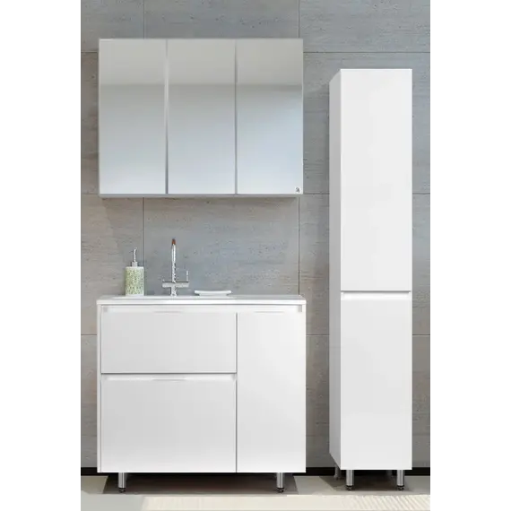 Тумба напольная "Барселона 90" правая (2 ящ.) с выкатной корзиной, Люкс белая, Plus